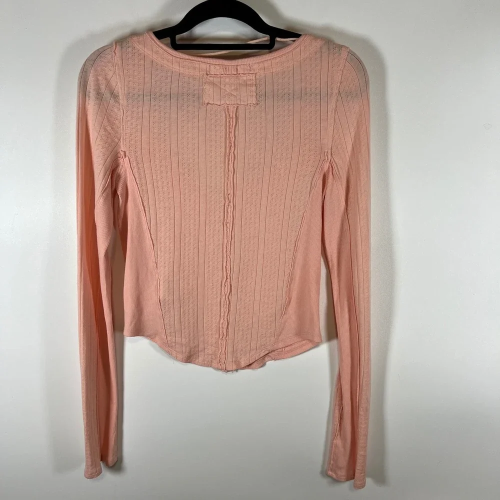 Free People We The Free Pink Pointelle‎ V-Neck Long Sleeve Top OB1817655 Medium